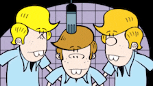 three cartoon characters are standing next to each other and one has a microphone in his hair
