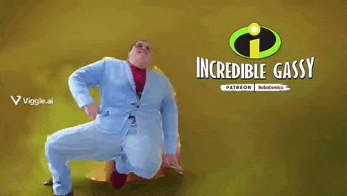 a man in a suit is dancing in front of a poster for incredible gassy