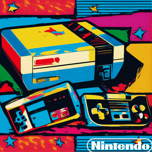 a colorful illustration of a nintendo game system