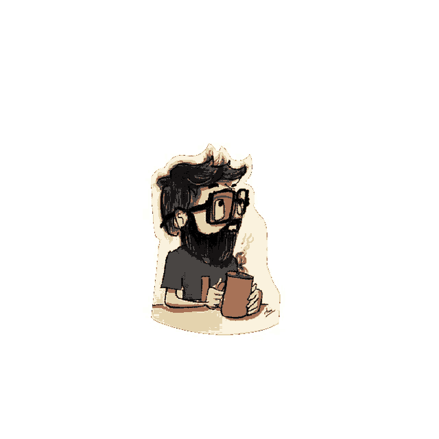 a drawing of a man with a beard holding a cup of coffee