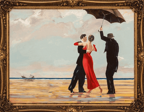a framed painting of three people dancing on the beach