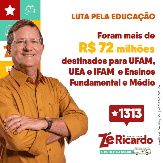 a man stands with his arms crossed in front of a poster that says luta pela educacao