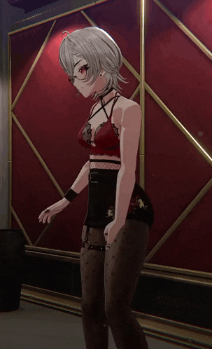 a woman in a red bra and black stockings is standing in front of a red wall