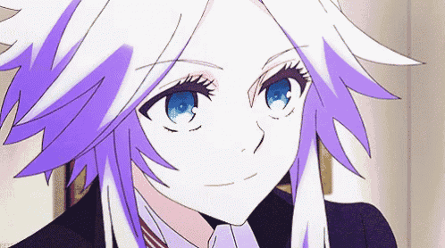 a girl with purple hair and blue eyes is wearing a suit