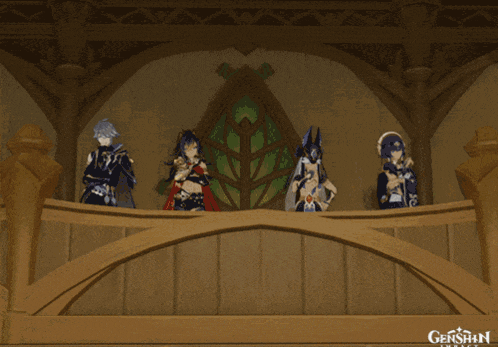 a group of anime characters standing on a balcony with genshin written on the bottom