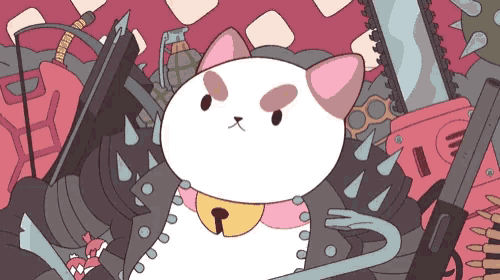a cartoon of a cat holding a chainsaw and a grenade