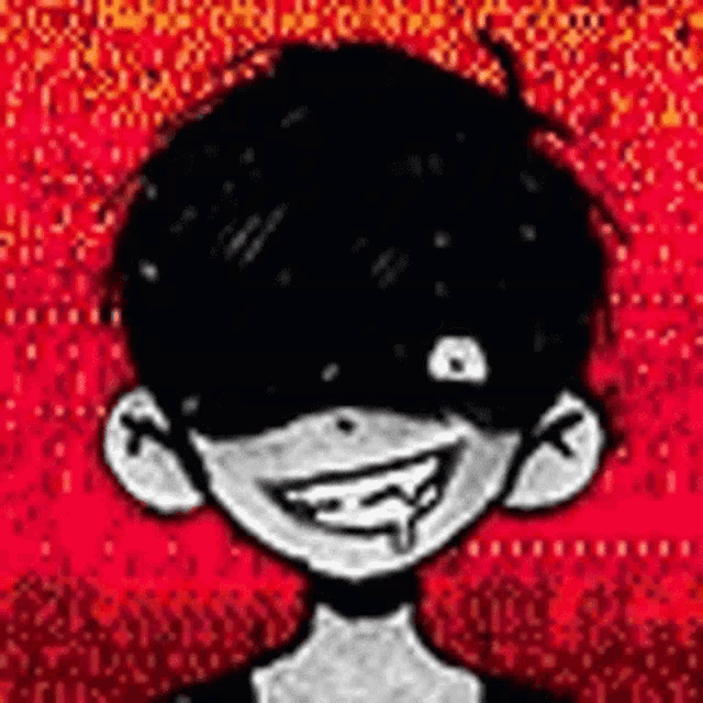a black and white drawing of a cartoon character with a red background and a smile on his face .