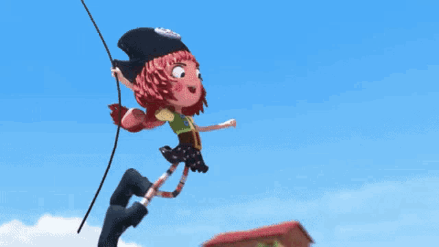 a cartoon character is flying through the air while holding a rope