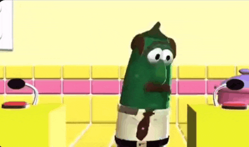 a cartoon character is standing in a kitchen next to a pot .