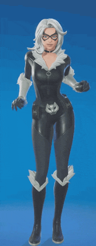 a woman in a black and white superhero suit is standing on a blue background