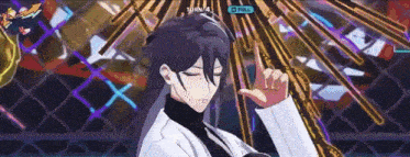 a video game screen shows a character in a white suit with purple hair and a turn 4 button