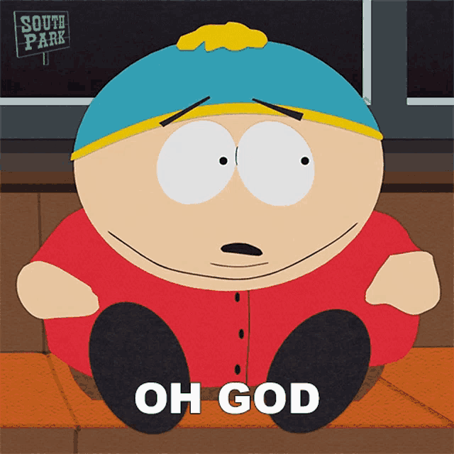 a cartoon character from south park sits on a wooden bench and says oh god