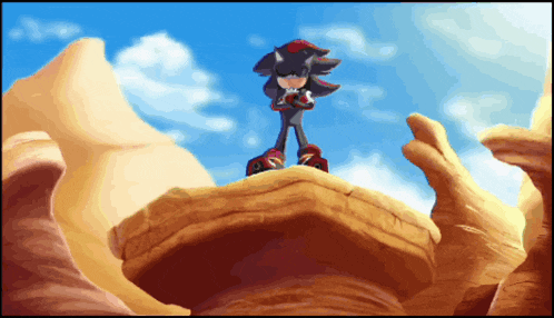 shadow the hedgehog is standing on a rocky cliff