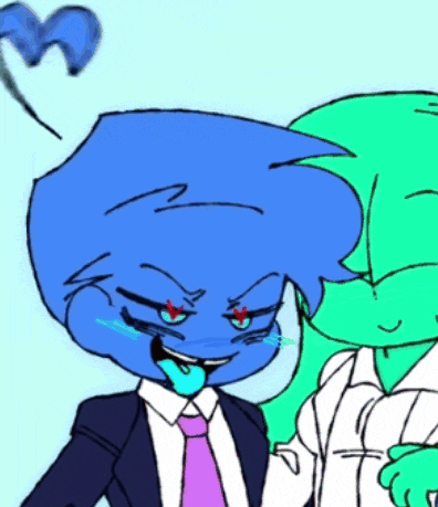 a drawing of a blue cartoon character in a suit and tie standing next to a green cartoon character .
