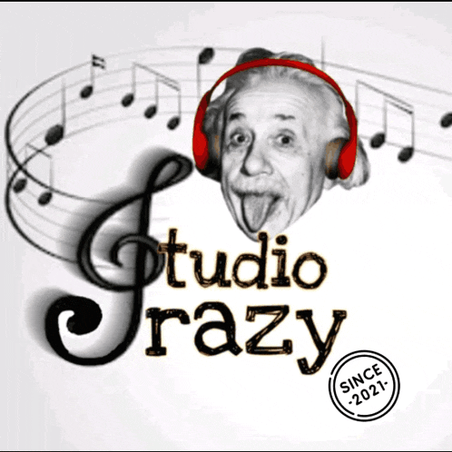 albert einstein wearing red headphones with the words studio crazy below