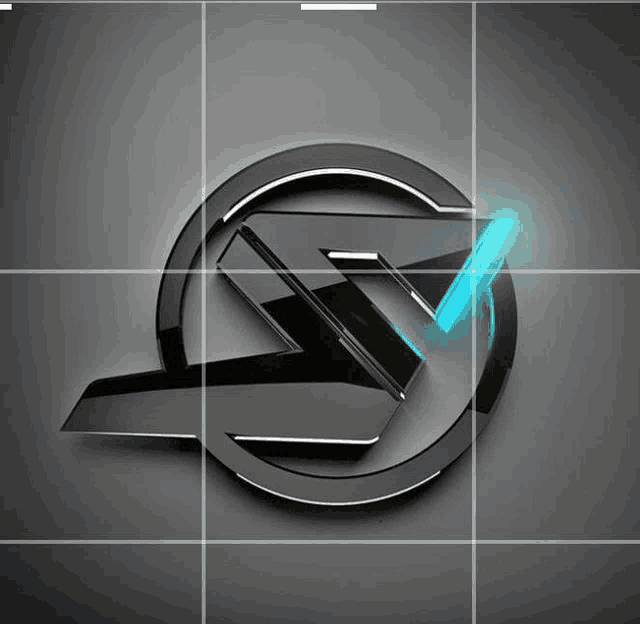 a black logo with a blue arrow in the center