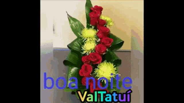 a bouquet of red roses and green flowers with the words boa noite valtatui on the bottom