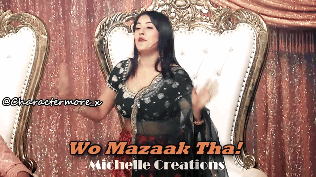 a woman sitting in a chair with the words wo mazaak tha michelle creations on the bottom
