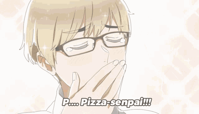 a man with glasses is covering his mouth in front of a slice of pizza