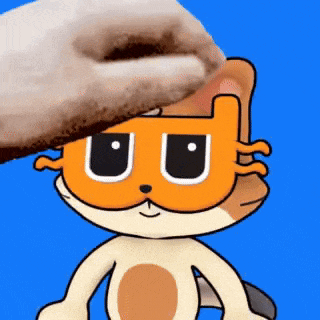 a cartoon cat with a mask on its face is being touched by a hand .
