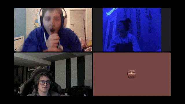 a group of people are having a video call and one of them is wearing a blue hoodie