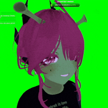 a girl with pink hair is wearing a shrek is love shrek is life t-shirt