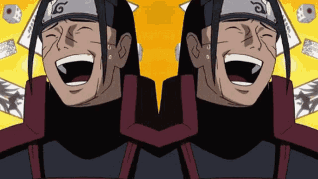two anime characters with the letter g on their hats are laughing