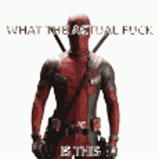 deadpool is standing in front of a white background with the words `` what the actual fuck is this '' written above him .