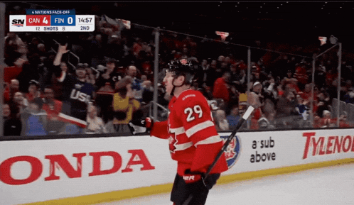 a hockey player in a red jersey with the number 29 on it