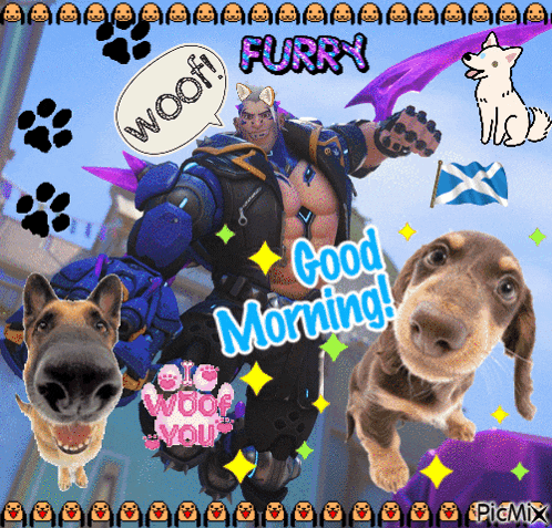 a furry good morning greeting card with dogs and a robot