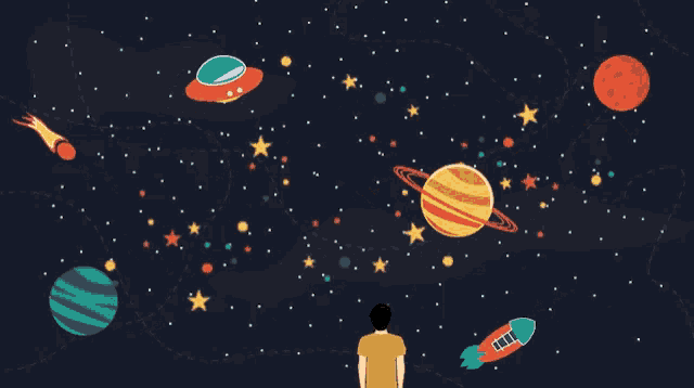 a man in a yellow shirt stands in front of a colorful space scene