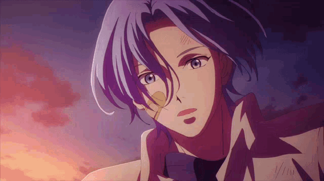 a close up of a person 's face with purple hair .