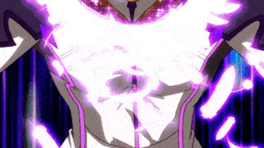 a purple and white animated character with a glowing heart