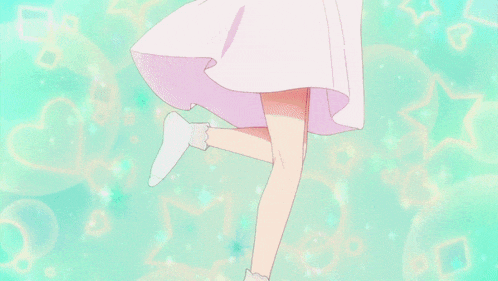 a girl in a pink shirt and white skirt with hearts and stars around her