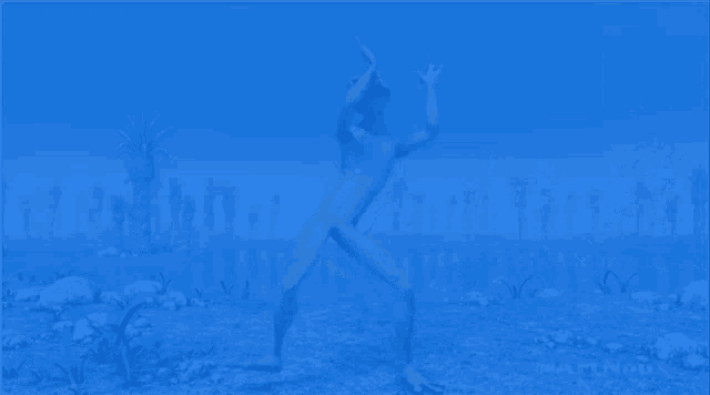 a cartoon character is walking in a desert with palm trees