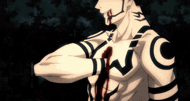 a man with tattoos on his arms and chest has blood coming out of his chest .