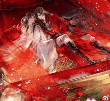 a painting of a man and woman laying on a bed covered in red paint