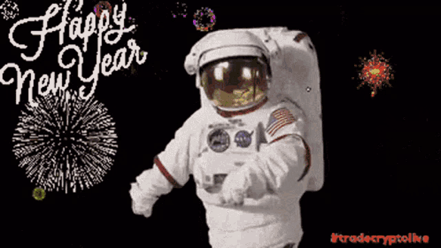 a happy new year greeting card with an astronaut dancing