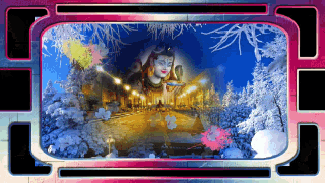 a painting of a statue of shiva surrounded by snow and trees