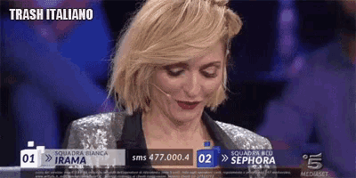 a woman in a sequined jacket is on a television screen with trash italiano written on the bottom