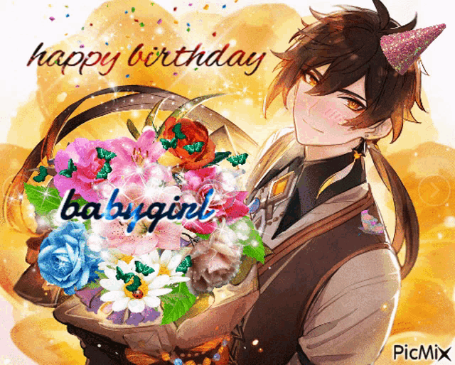 a picture of a boy holding a bouquet of flowers with the words happy birthday babygirl
