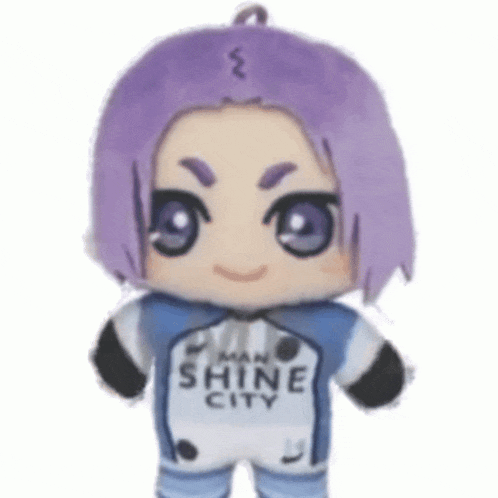 a stuffed doll with purple hair and a man shine city jersey