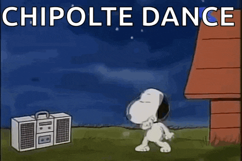 snoopy is dancing in front of a boombox with the words chipotle dance written on it .