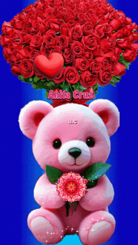 a pink teddy bear is holding a flower in front of a bouquet of red roses