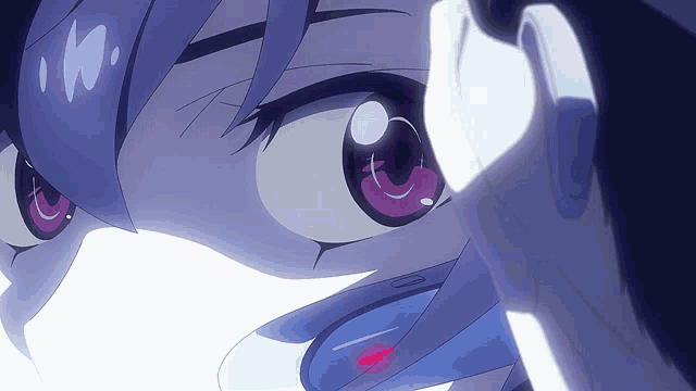 a close up of a person 's face with purple eyes and the letter m on it