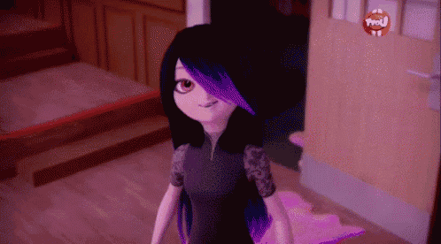 a cartoon character with long black hair and purple highlights is standing in a room .