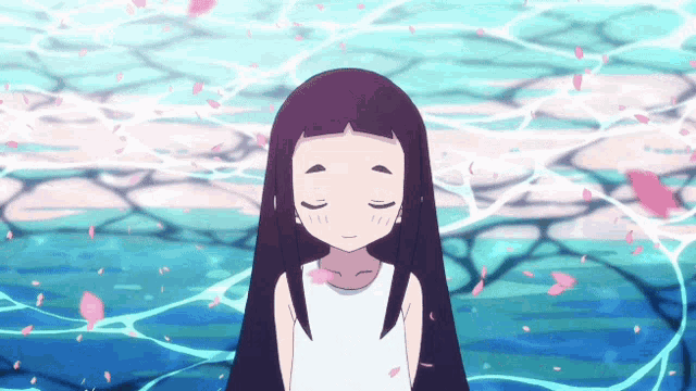 a girl with purple hair is standing in the water