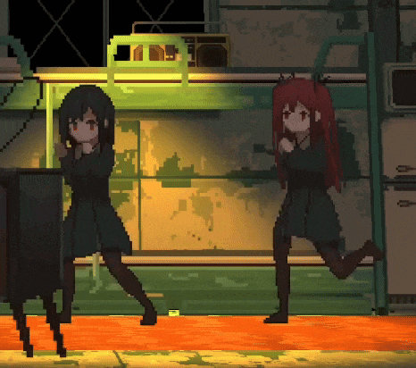 a pixel art drawing of two girls with red hair