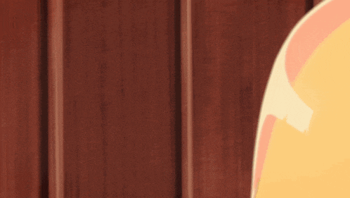 a girl with blue hair is peeking out of a wooden door