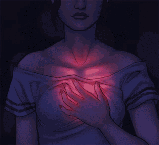 a drawing of a woman holding her chest with a red light coming out of her chest